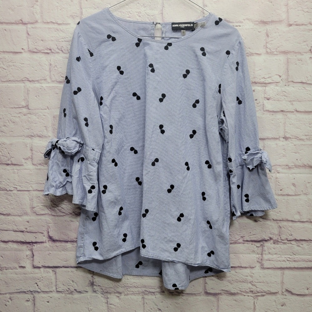 Karl Lagerfeld Paris Blue White Sunglasses Blouse Sz L Preppy Bell Sleeve Retro